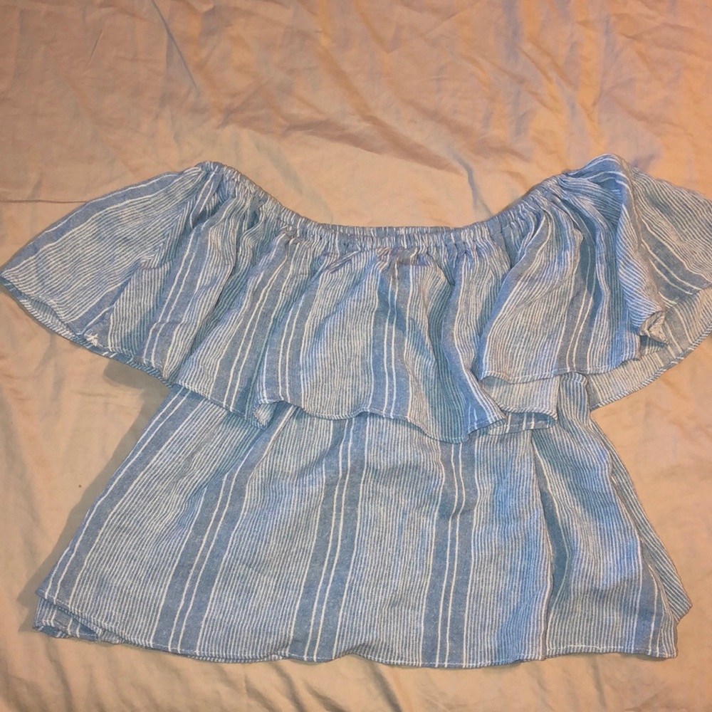 LA hearts off the shoulder blue top